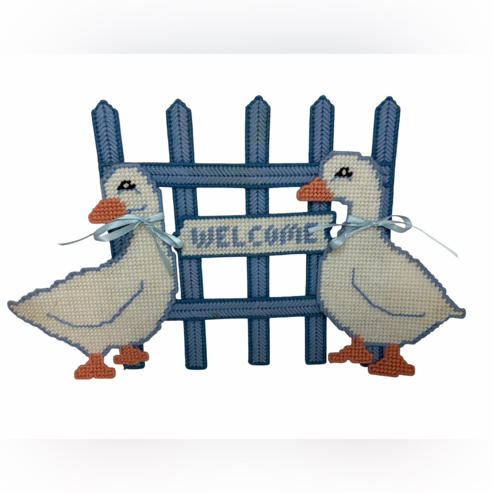 Geese On Fence Needlepoint Plastic Canvas Completed Wall Hanging Spring Easter